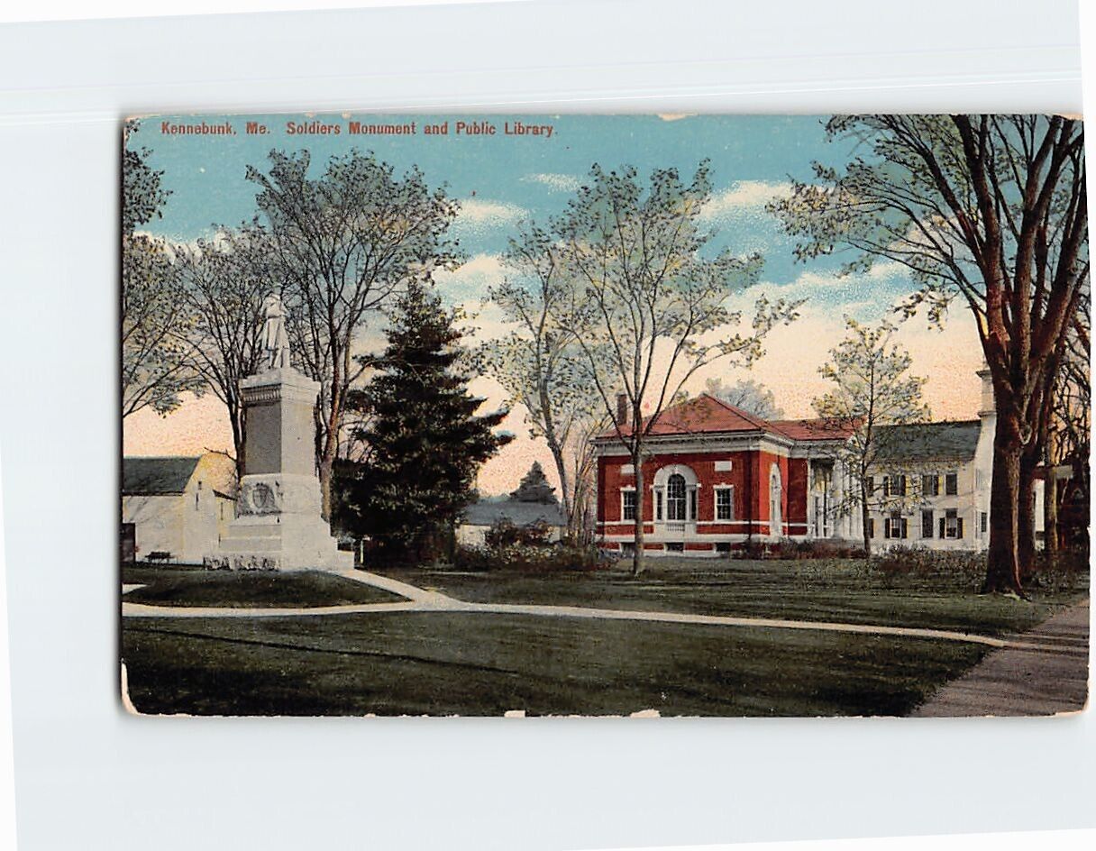Postcard Soldiers Monument & Public Library Kennebunk Maine USA
