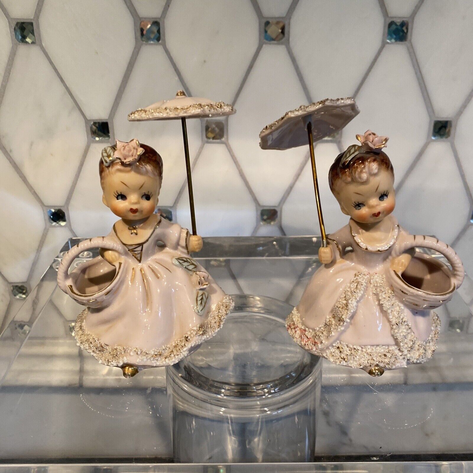 Vintage Ucagco Spaghetti Trim 1950s Figurines Twin Girls with Umbrella/Parasol