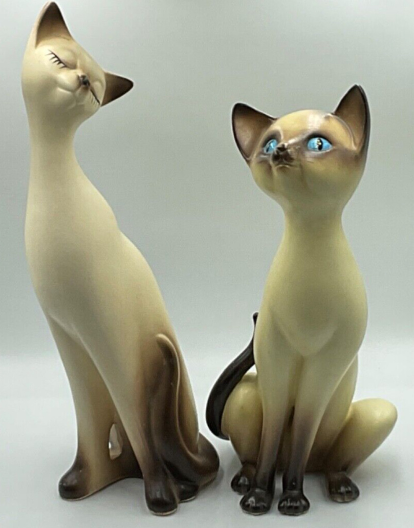 Pair of Vintage MCM Siamese Long Neck Hand Painted Porcelain Cat 10-12” Napco?