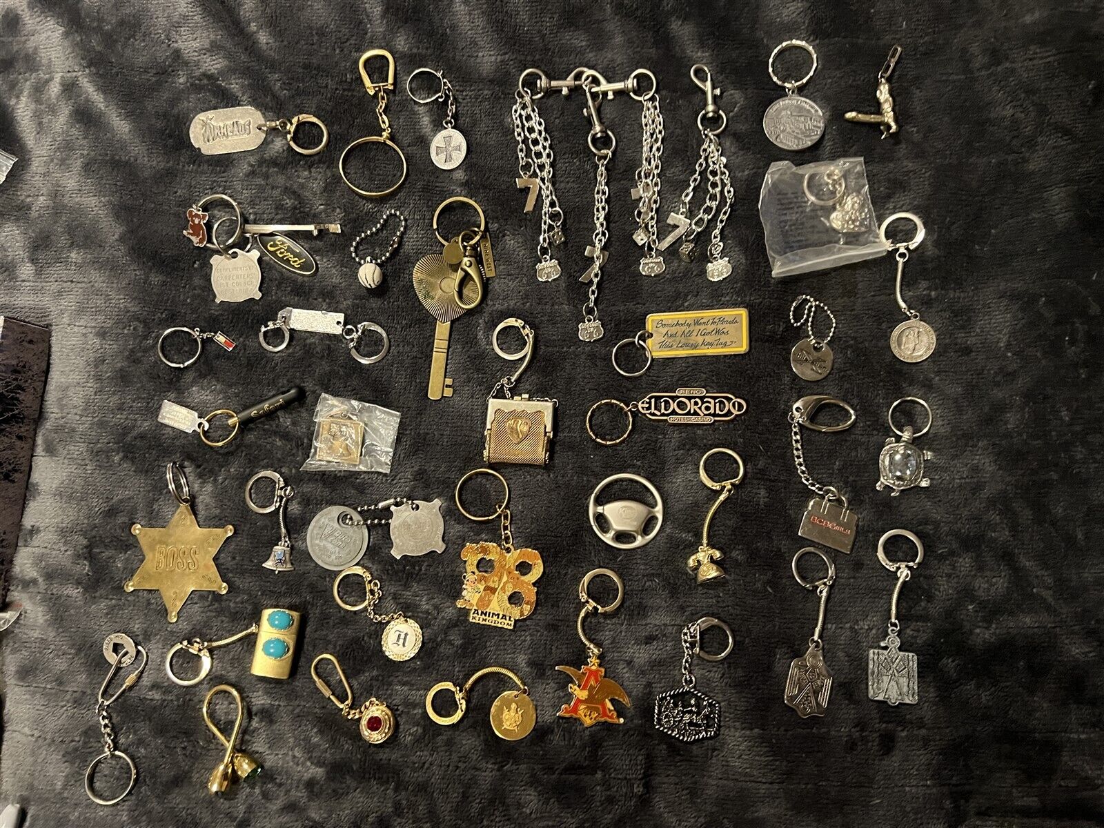 #4 VINTAGE KEYCHAIN LOT OF 42 KEY CHAINS FOBS BRASS PEWTER METAL LIGHTER BADGE