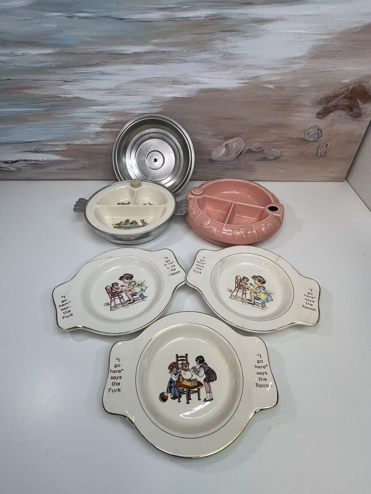 Vtg Antique Baby Feeding Dishes And Warming Plates Lot “I Go Here Said The Fork”