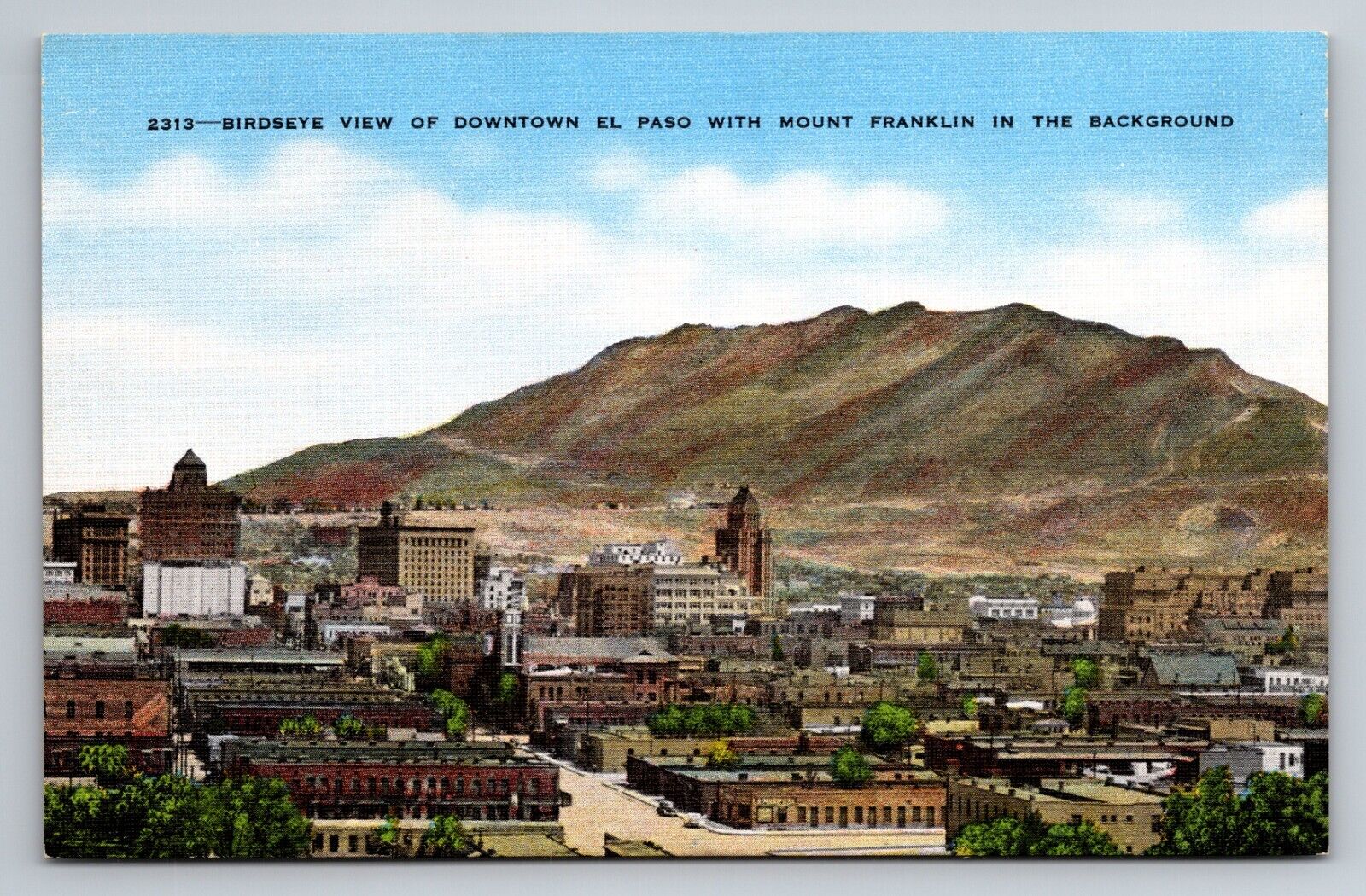 View Downtown El Paso Texas Vintage Unposted Linen Postcard Mount Franklin