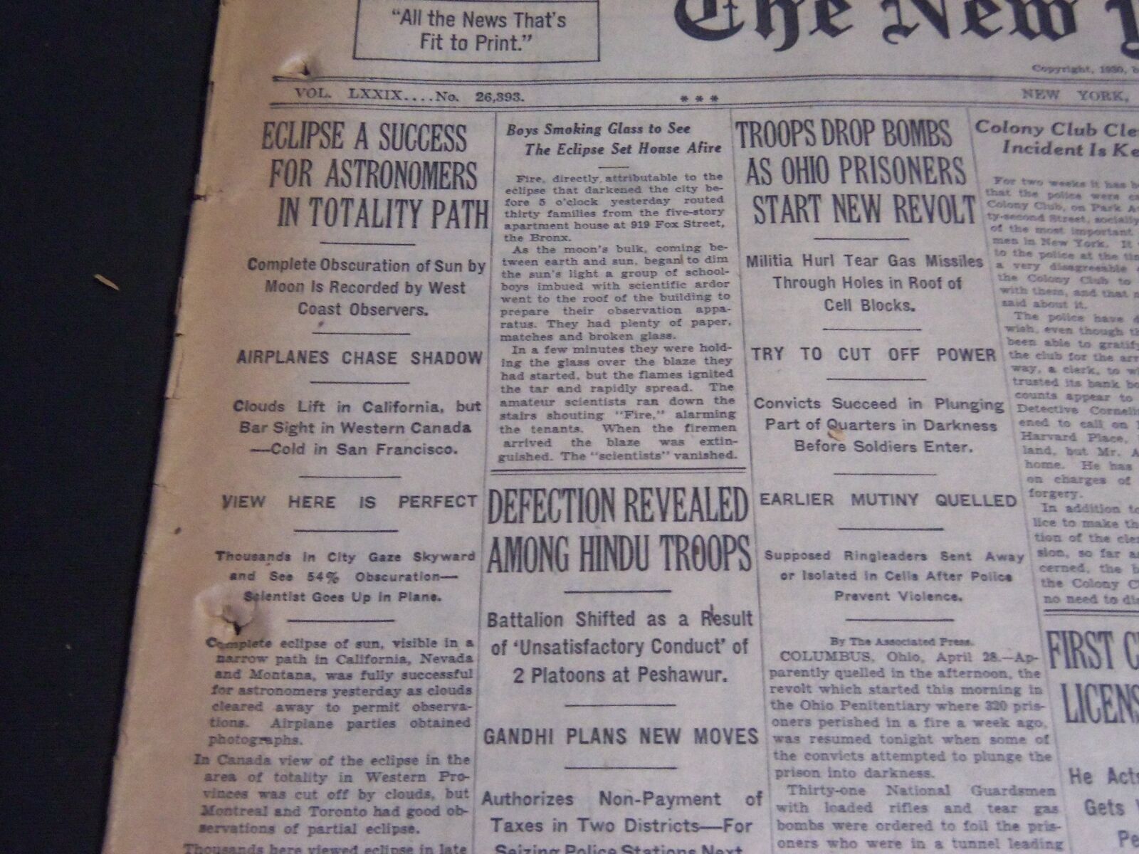 1930 APRIL 29 NEW YORK TIMES - ECLIPSE A SUCCESS FOR ASTRONOMERS - NT 6684