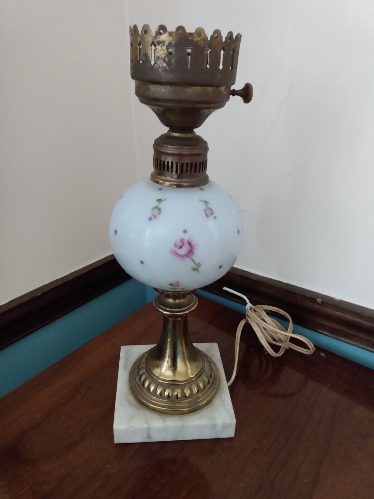 Vintage MCM Blue Floral Painted Glass Table Desk Parlor Lamp Marble Base Shade 