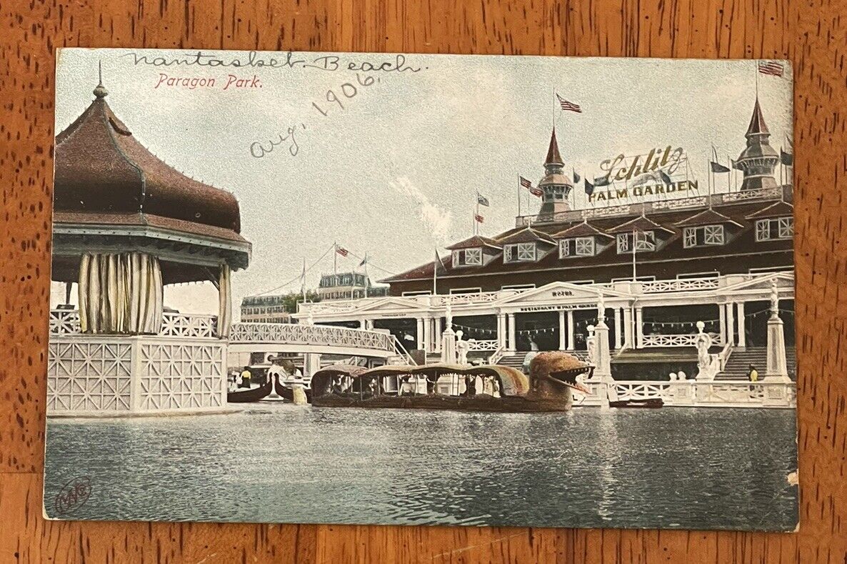 Postcard Massachusetts, Nantasket Beach, Paragon Park, Palm Garden Schlitz