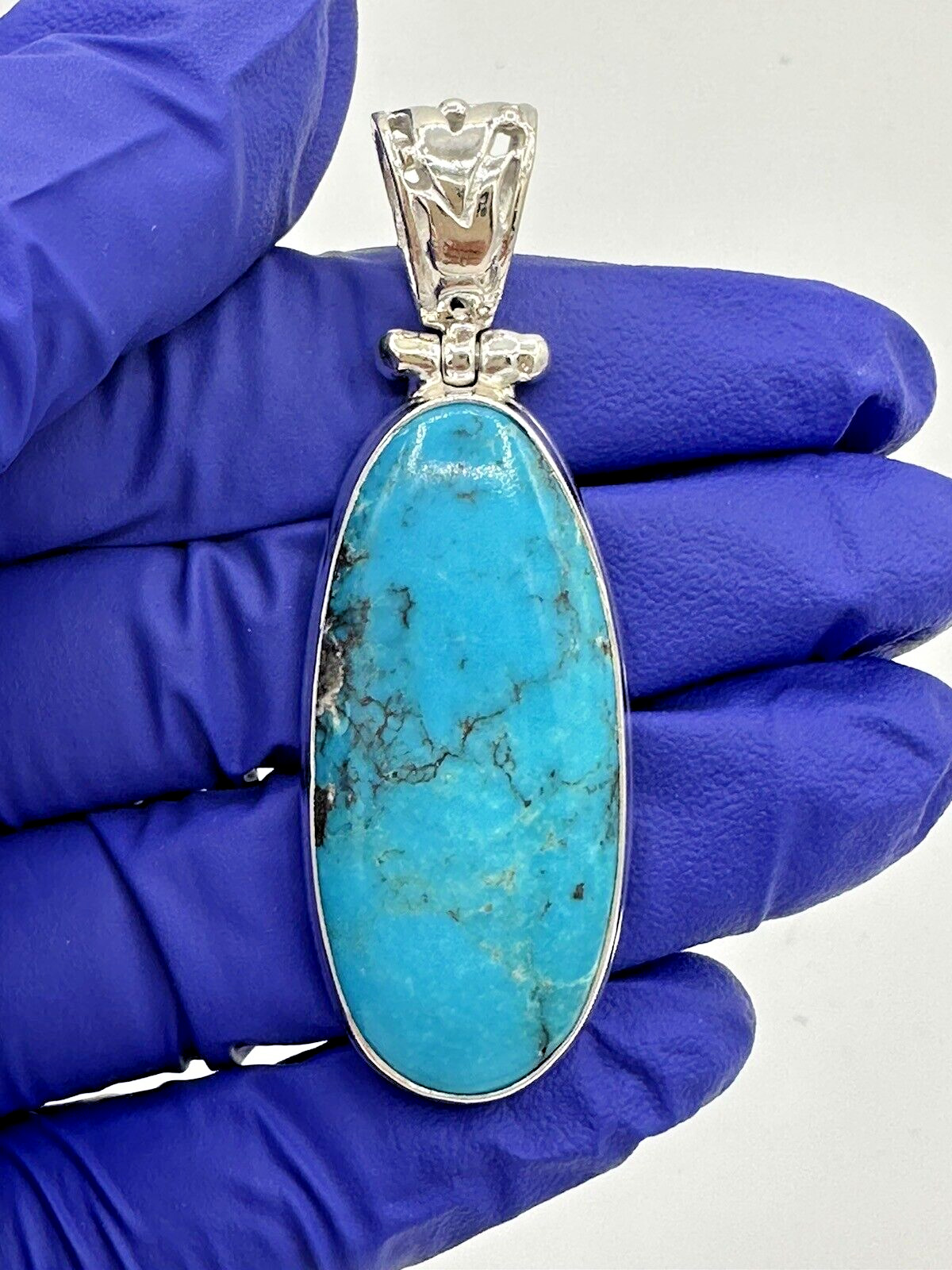 Unique Solid Sterling Silver 925 Long Oval Blue Turquoise Pendant 2.4”
