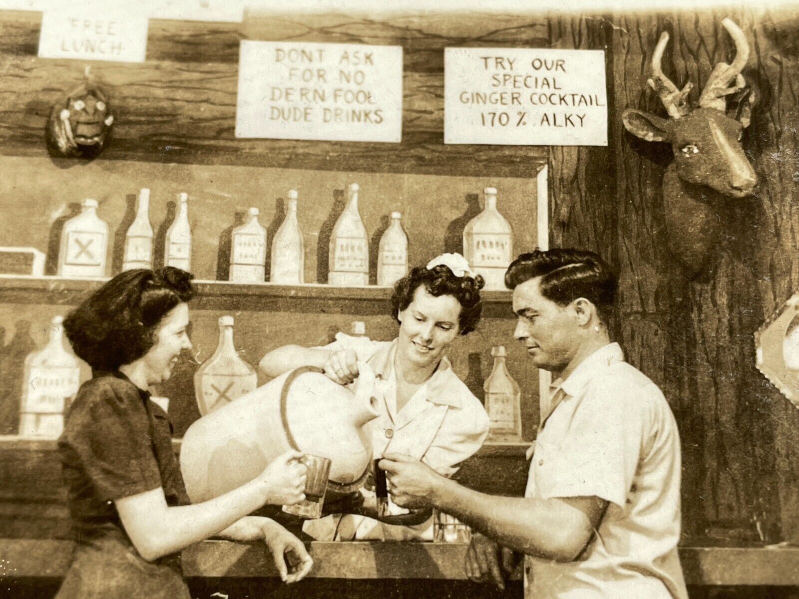 T8 RPPC Photo Postcard Bar Group Enjoying Moonshine From Clay Jug 1930-40\'s