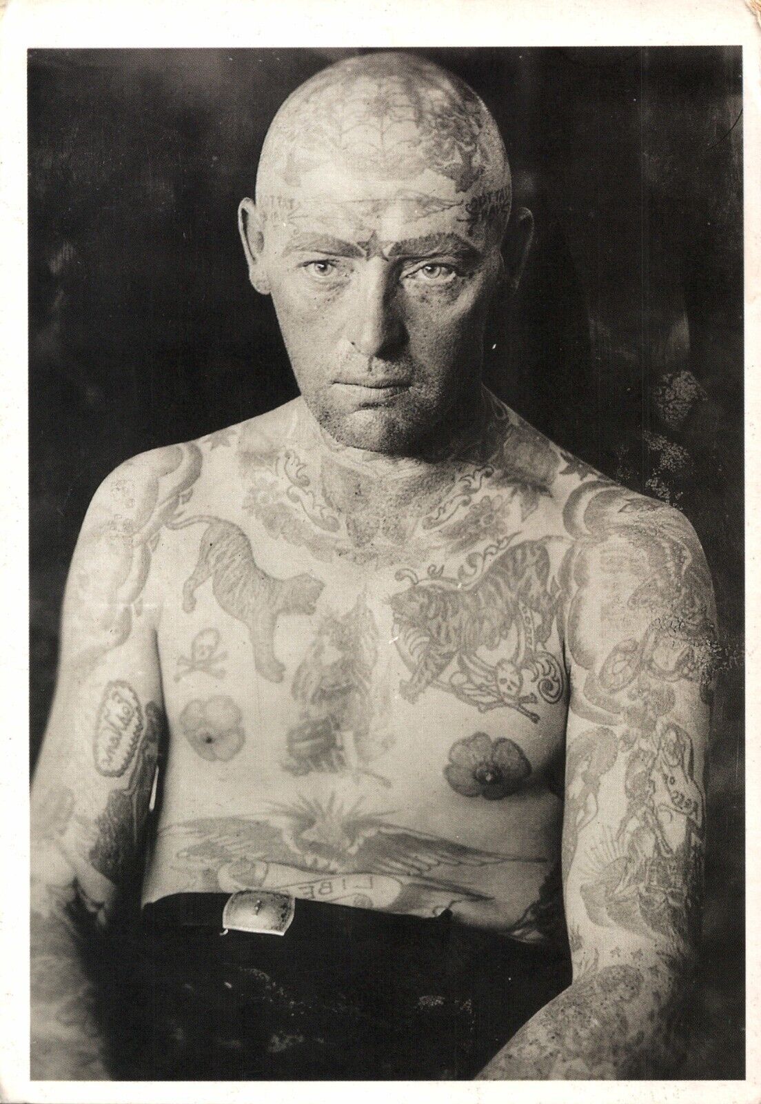 American Man Romper Stomper Tigers Animals Tattoo 1930s Photo on 1996 Postcard