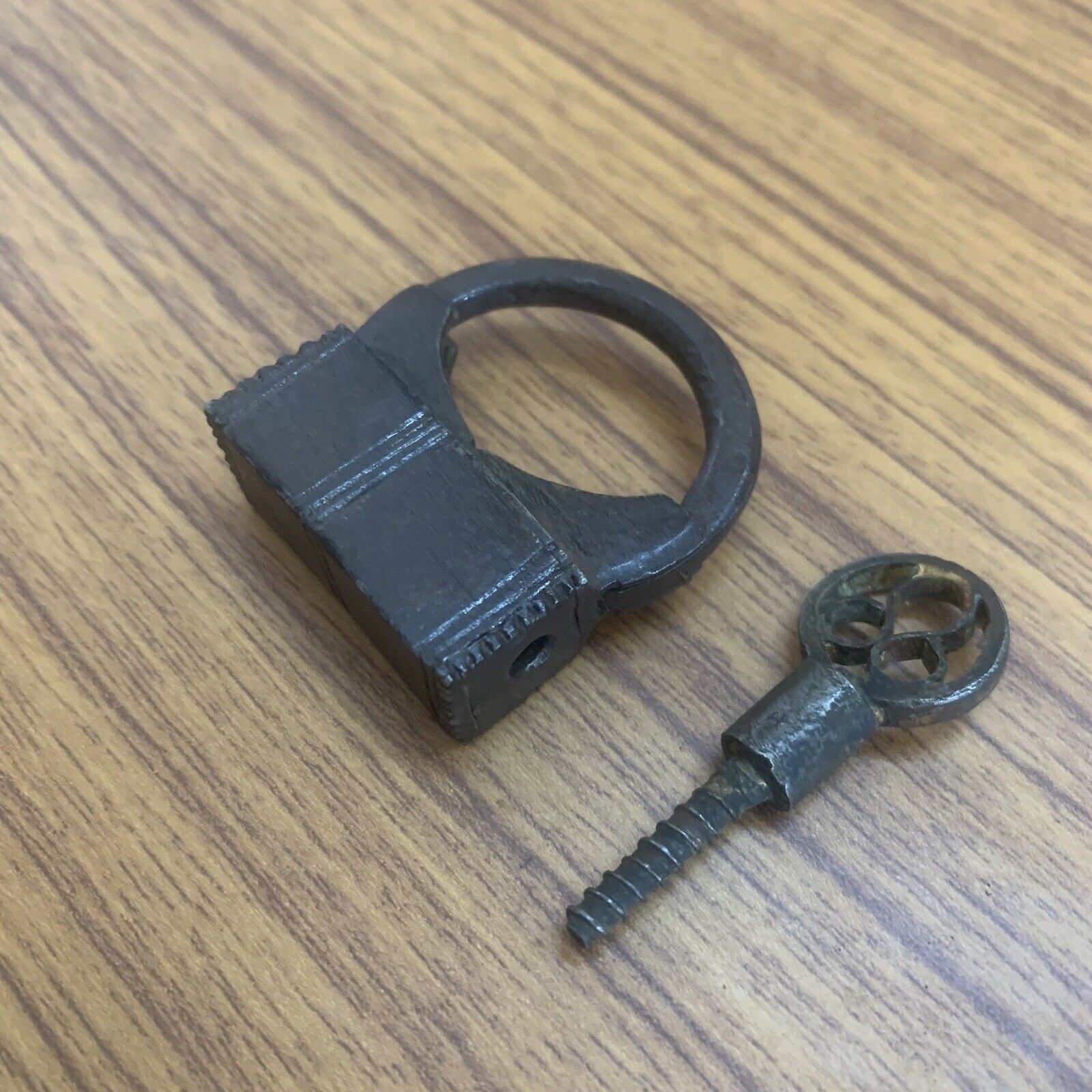 1850's Iron miniature padlock or lock with SCREW TYPE key, old or antique.