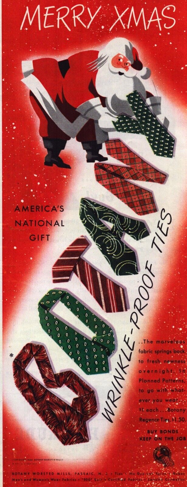 1944 Botany Men\'s Ties WWII Print Ad Santa Claus Merry Christmas Wrinkle Proof