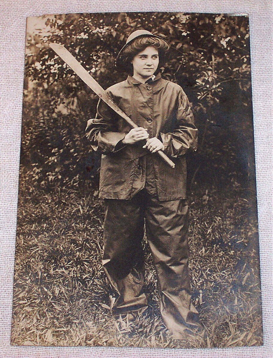 1909 RPPC Young Woman in Raincoat Storm Gear Oilskin , Broken Oar Massachusetts