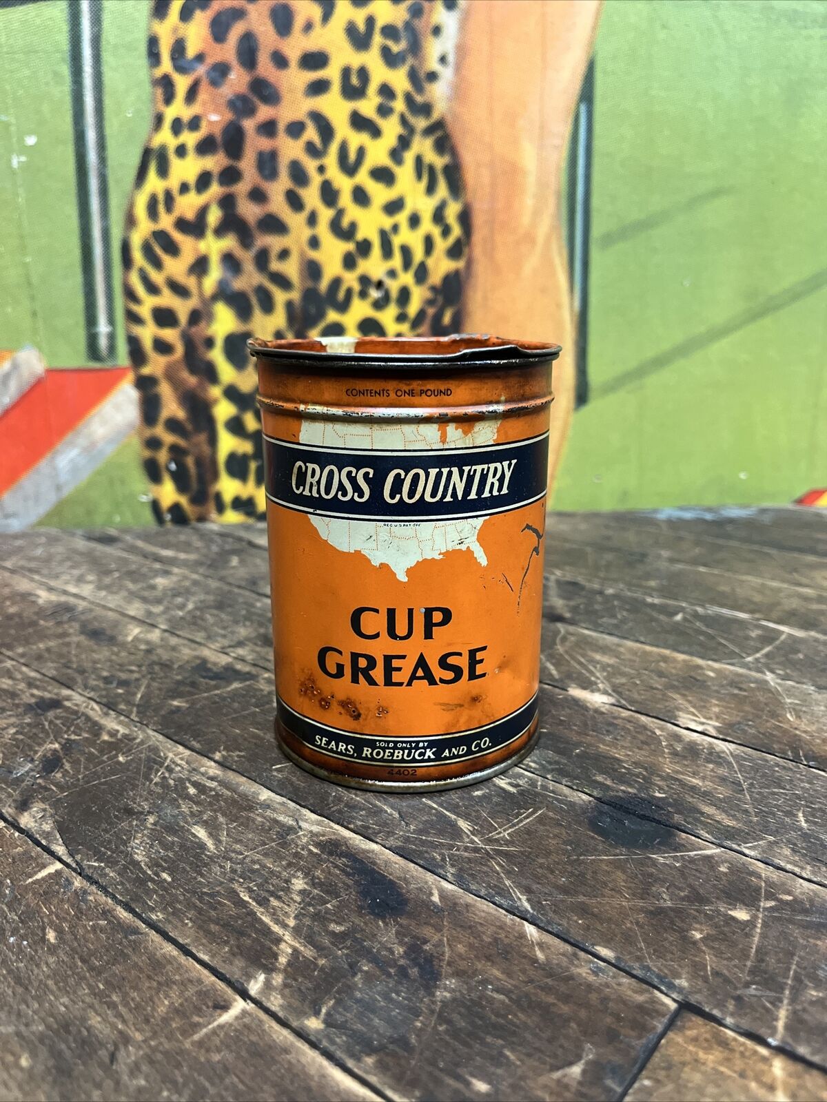 VINTAGE CROSS COUNTRY 1 LB CUP GREASE CAN TIN SIGN UNITED STATES SEARS ROEBUCK