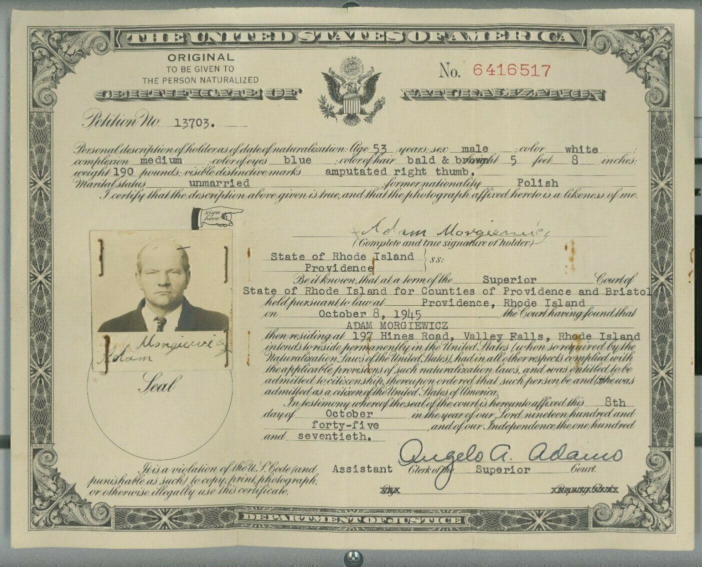 1945 WWII Certificate of Naturalization Polish Immigrant Adam Morgiewicz 13-1