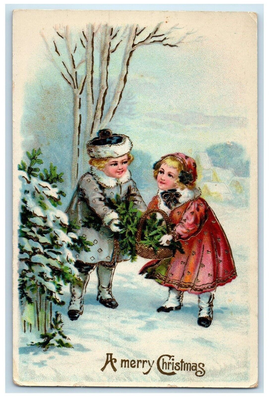 c1910's Christmas Children Winter Snow Scene Gel Gold Gilt Embossed Postcard