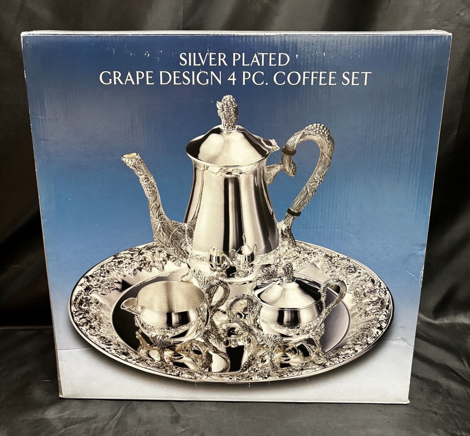 New In Box Godinger Silver Plated 4 Piece Coffee Set With Elaborate Grape Design