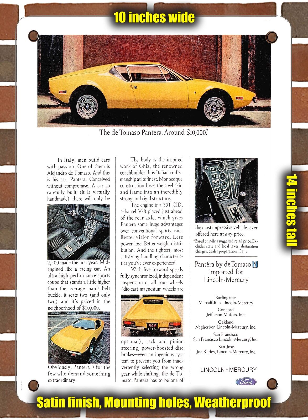 METAL SIGN - 1972 De Tomaso Pantera - 10x14 Inches