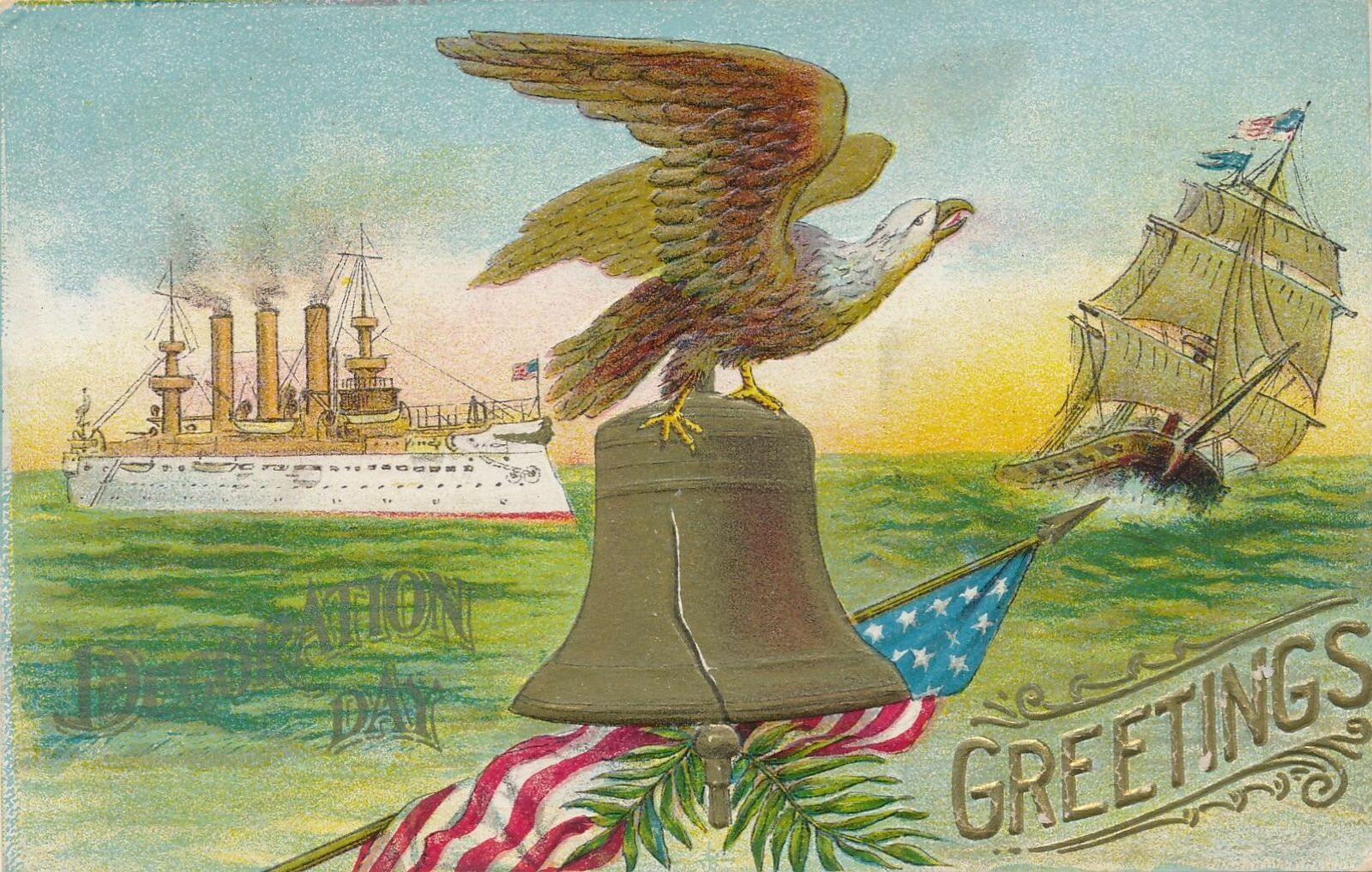 DECORATION DAY - Eagle, Bell and Flag Decoration Day Greetings - 1909