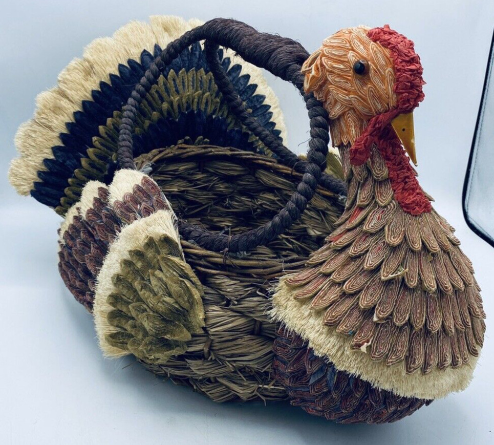 Vintage Thanksgiving Turkey Woven Wicker Basket with Handle 1982 Centerpiece
