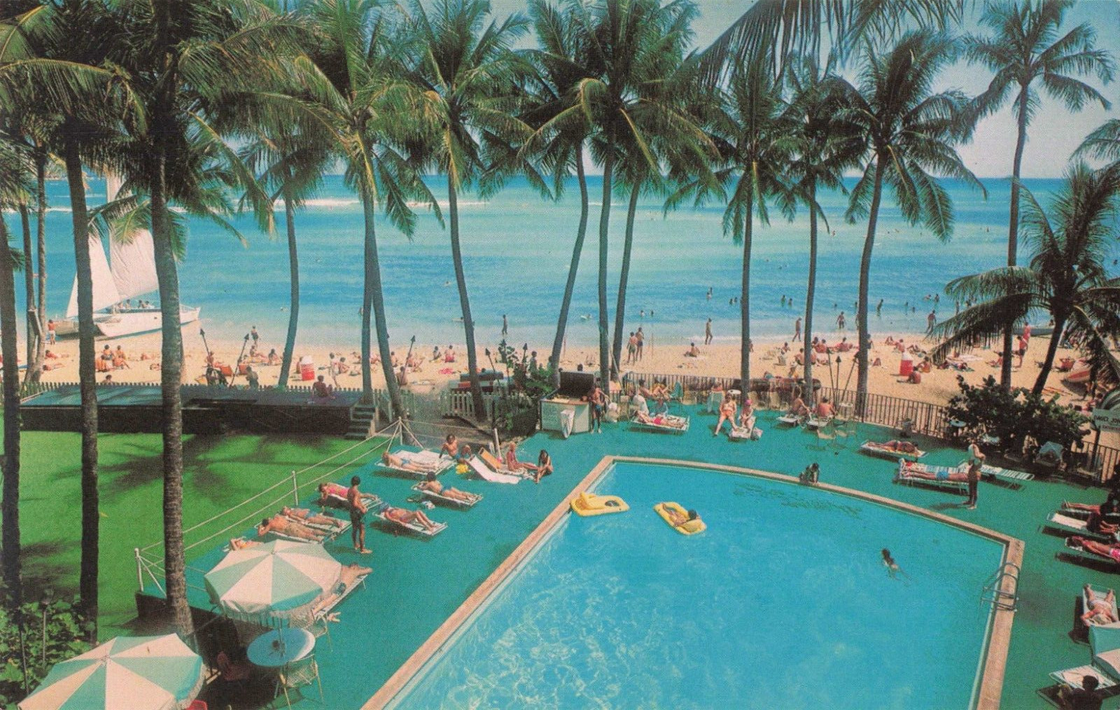 Honolulu Hawaii, Outrigger Hotel Waikiki Beach Pool Sunbathers, Vintage Postcard