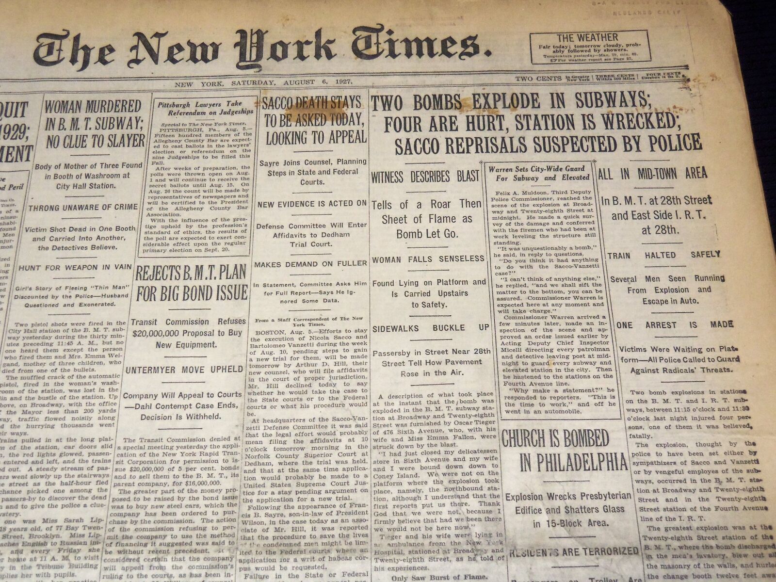 1927 AUGUST 6 NEW YORK TIMES NEWSPAPER - SACCO REPRISALS SUSPECTED - NT 9563