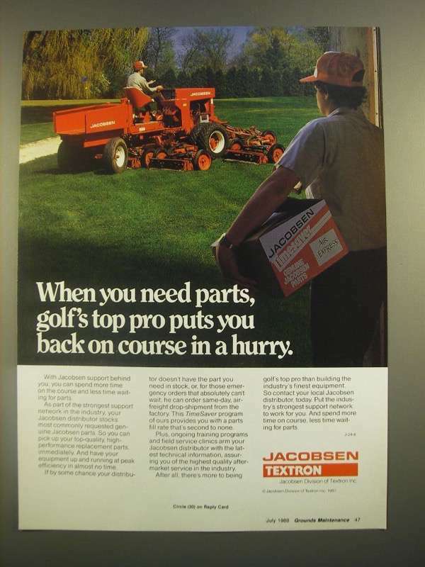 1988 Jacobsen Textron Mower Parts Ad - Puts You Back on Course in a Hurry