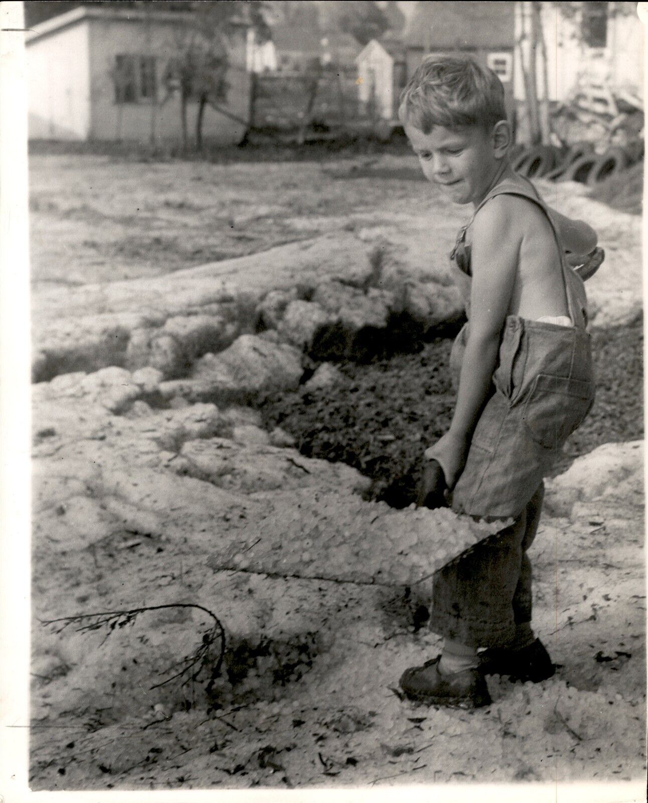 LG35 1948 Original Photo LITTLE BOY SHOVELING HAIL ICE AFTER JUNE STORM IN BYRON