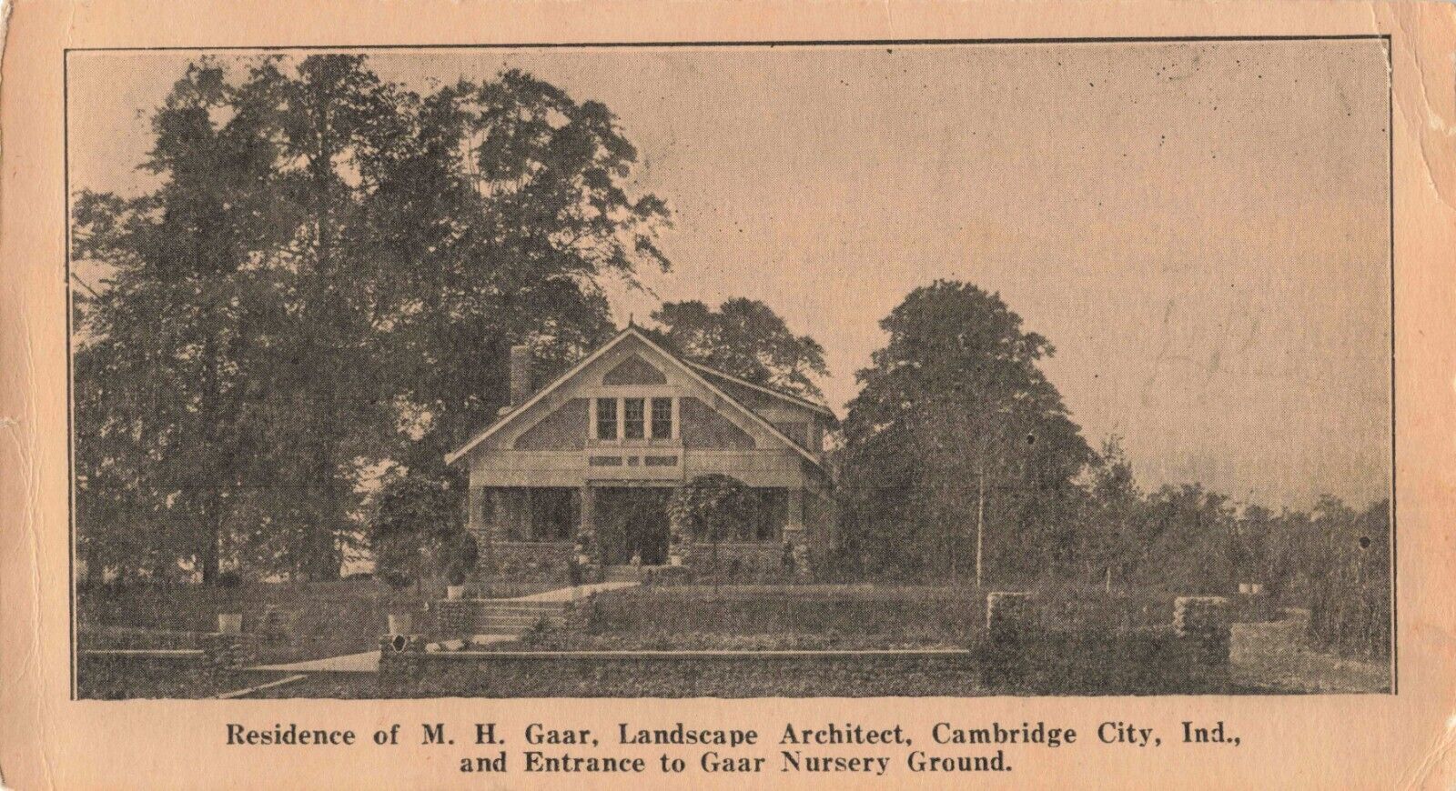Residence of M.H. Gaar Landscape Architect Cambridge City Indiana 1922 Postcard