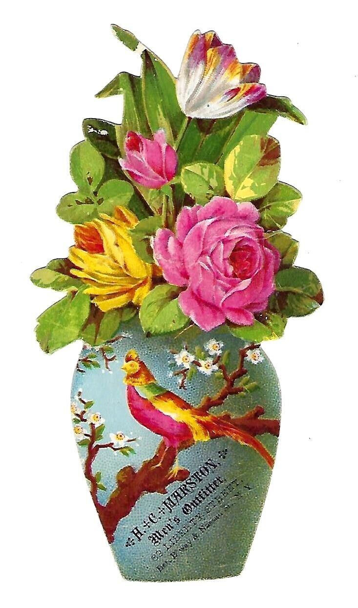 c1890 Victorian Trade Card H.C. Marston, Mes's Outfitter, Vase , Flowers Die-Cut