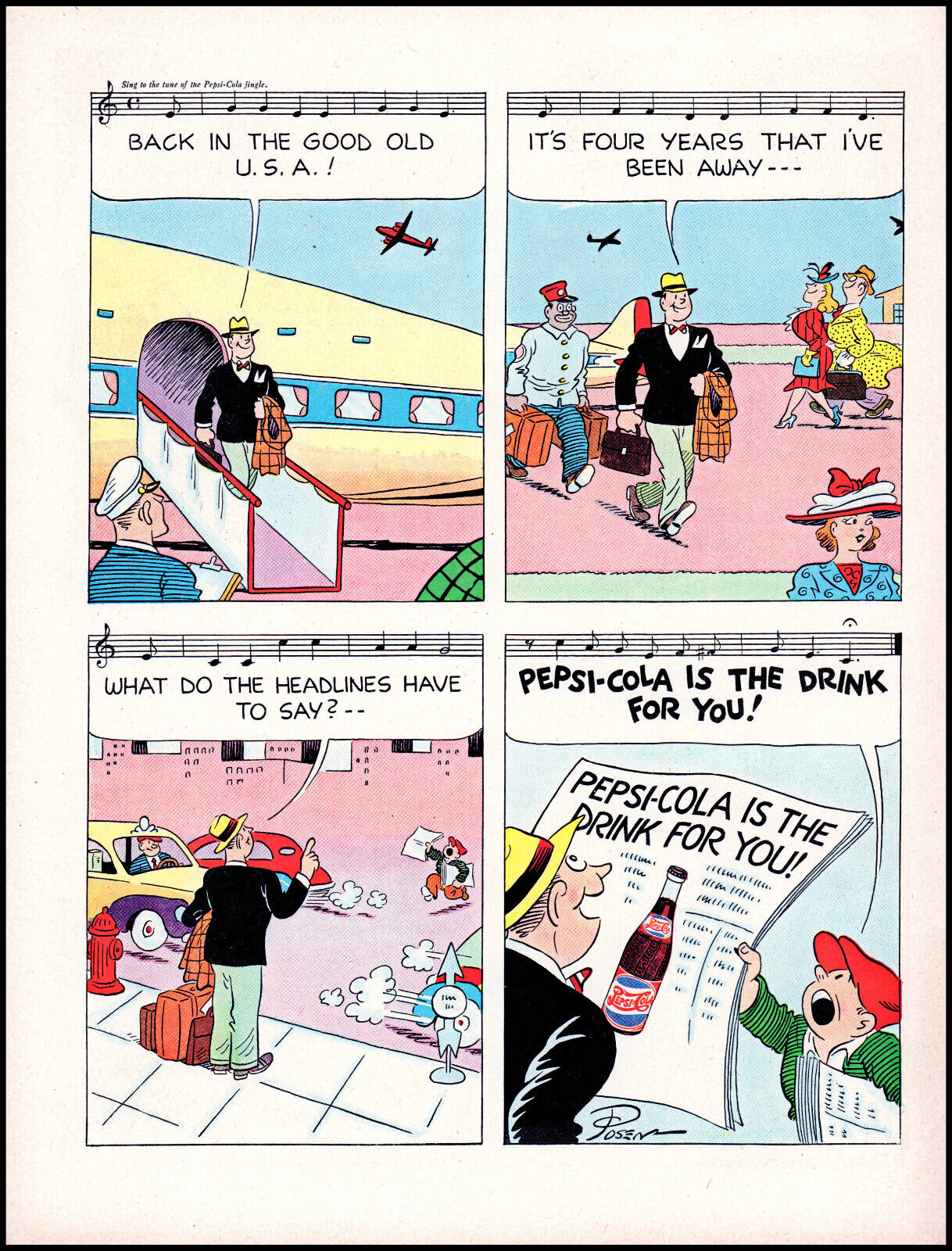 1947 Pepsi Cola businessman airport Color Cartoon vinatge art print ad LA43
