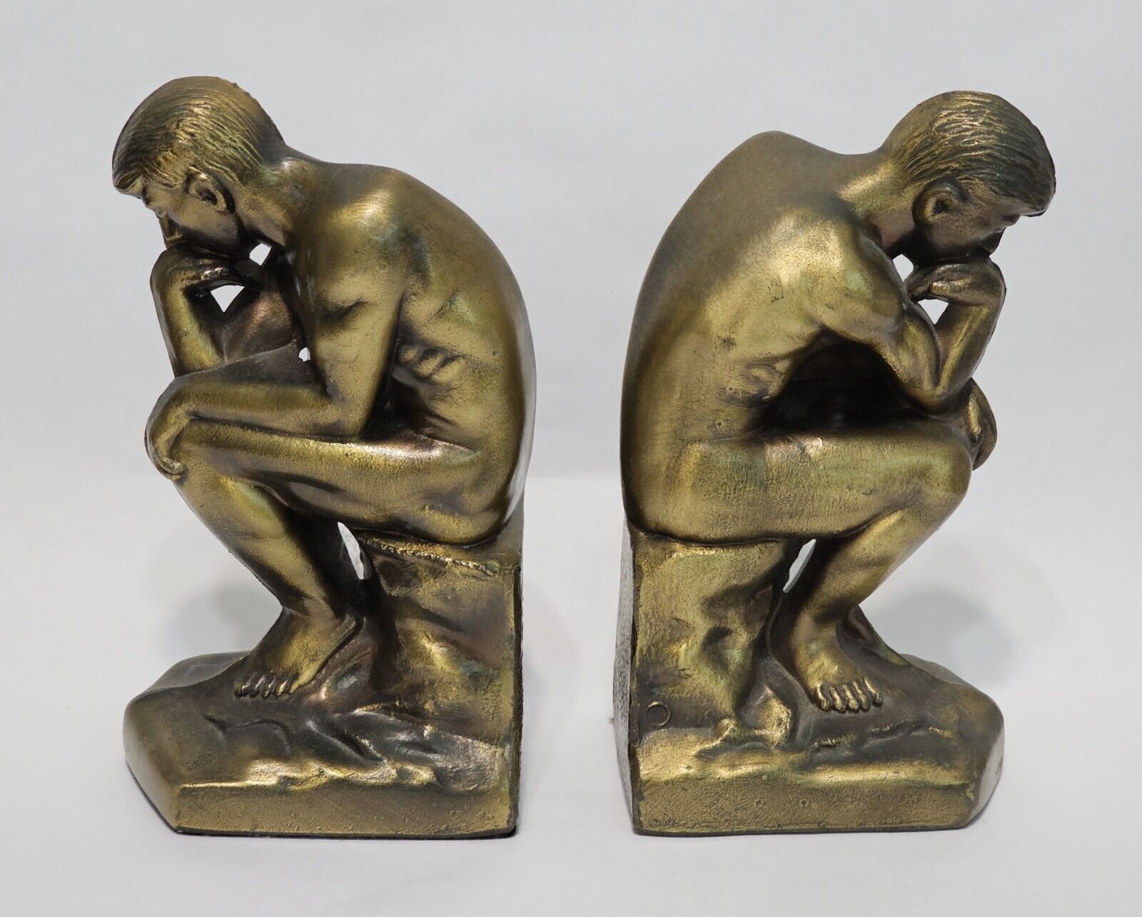 Vintage 1928 The Thinker Men Art Deco Bookends Cast Metal Bronze Brass Finish
