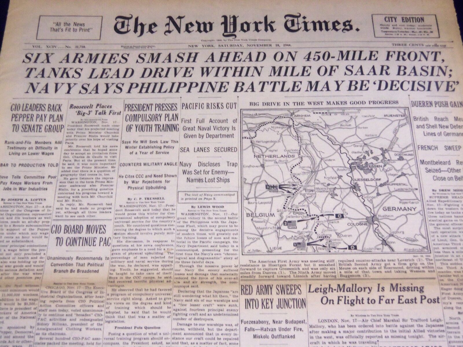 1944 NOV 18 NEW YORK TIMES - TANKS DRIVE WITHIN MILE OF SAAR BASIN - NT 2602