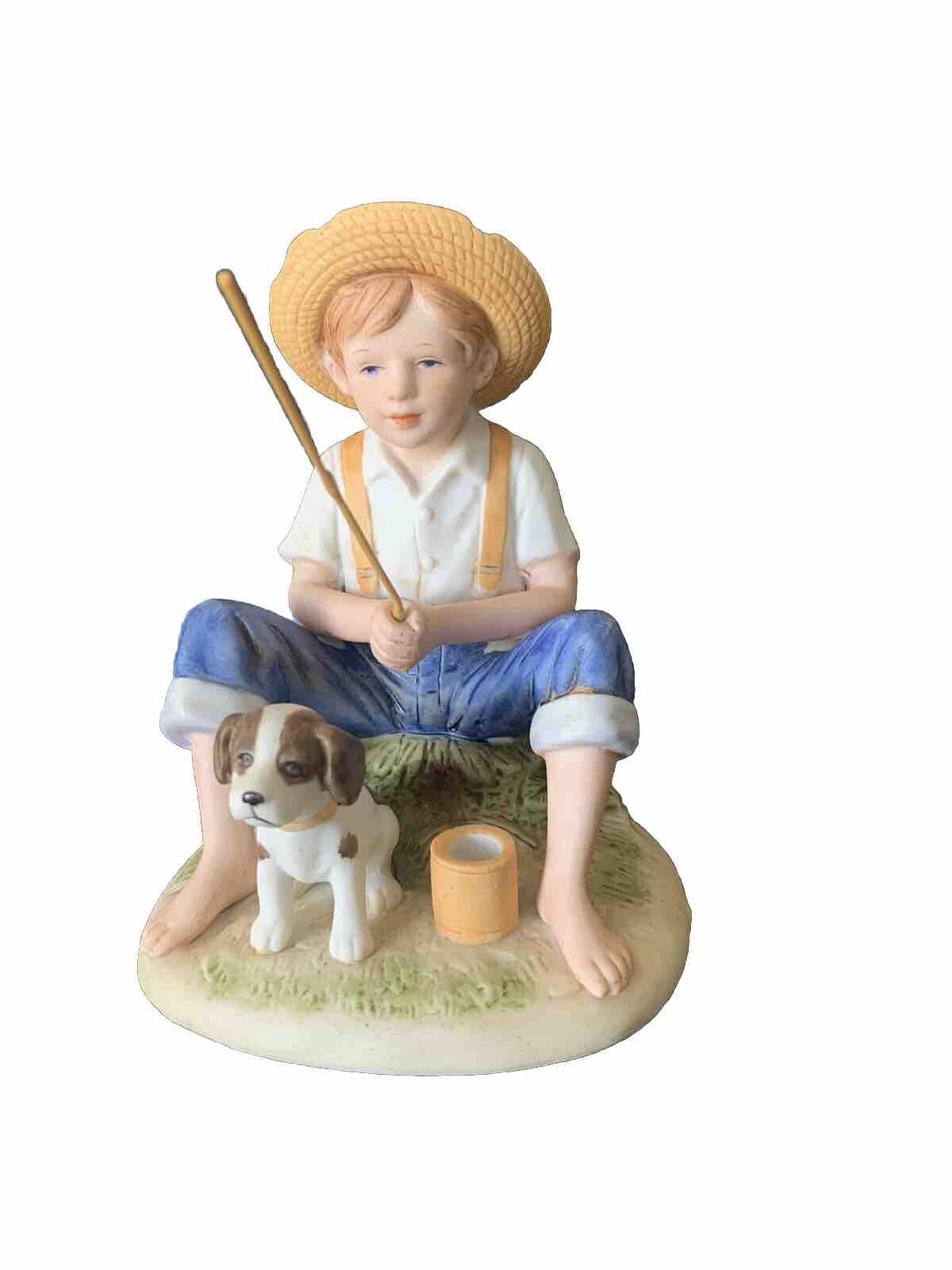 Vintage HOMCO 1466 Ceramic Figurine of Boy & Dog Fishing Denim Days