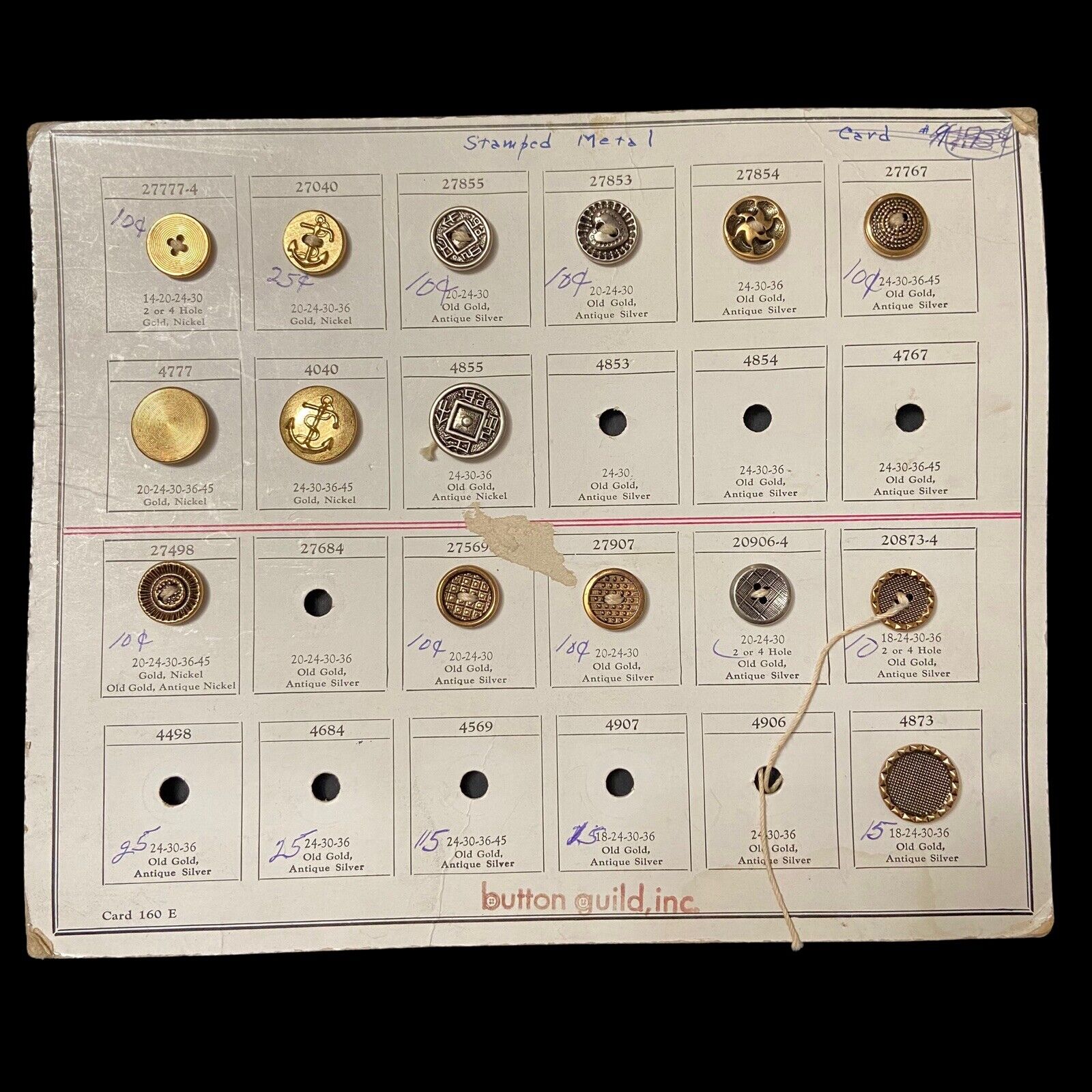Vintage Metal Button Salesman Sample Display Card BUTTON GUILD, INC. Card 160 E