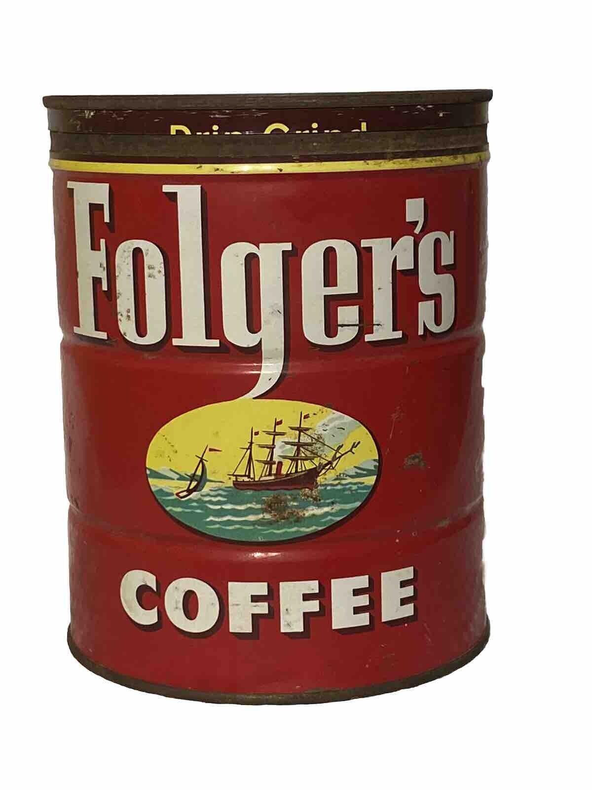 Vintage 1952 FOLGER\'S 2 lb.  Empty Coffee Can & LID -Pic Of Ship Sailing- CANCO