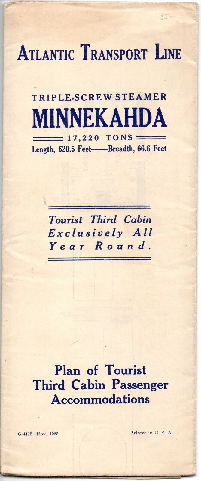 1925 Atlantic Transport Line SS Minnekahda Third Cabin Accom. Deck Plan - Cruise