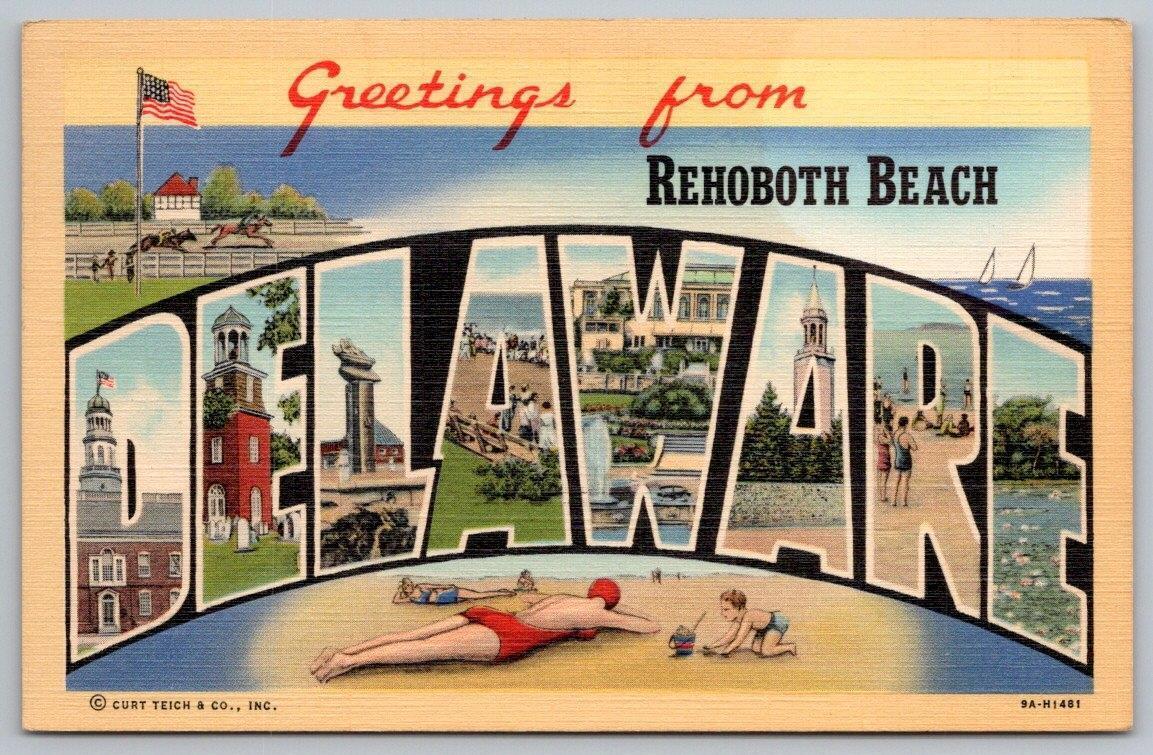 1947 GREETINGS FROM REHOBOTH BEACH DELAWARE LARGE LETTER LINEN CURT TEICH