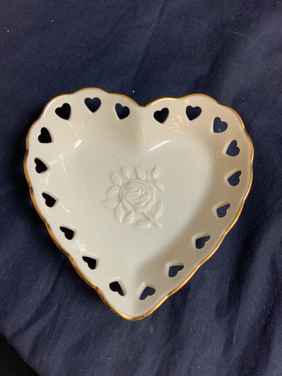 Lenox Heart Shaped Dish - Cream with Gold Trim & Heart Shaped Cutouts & Rose 