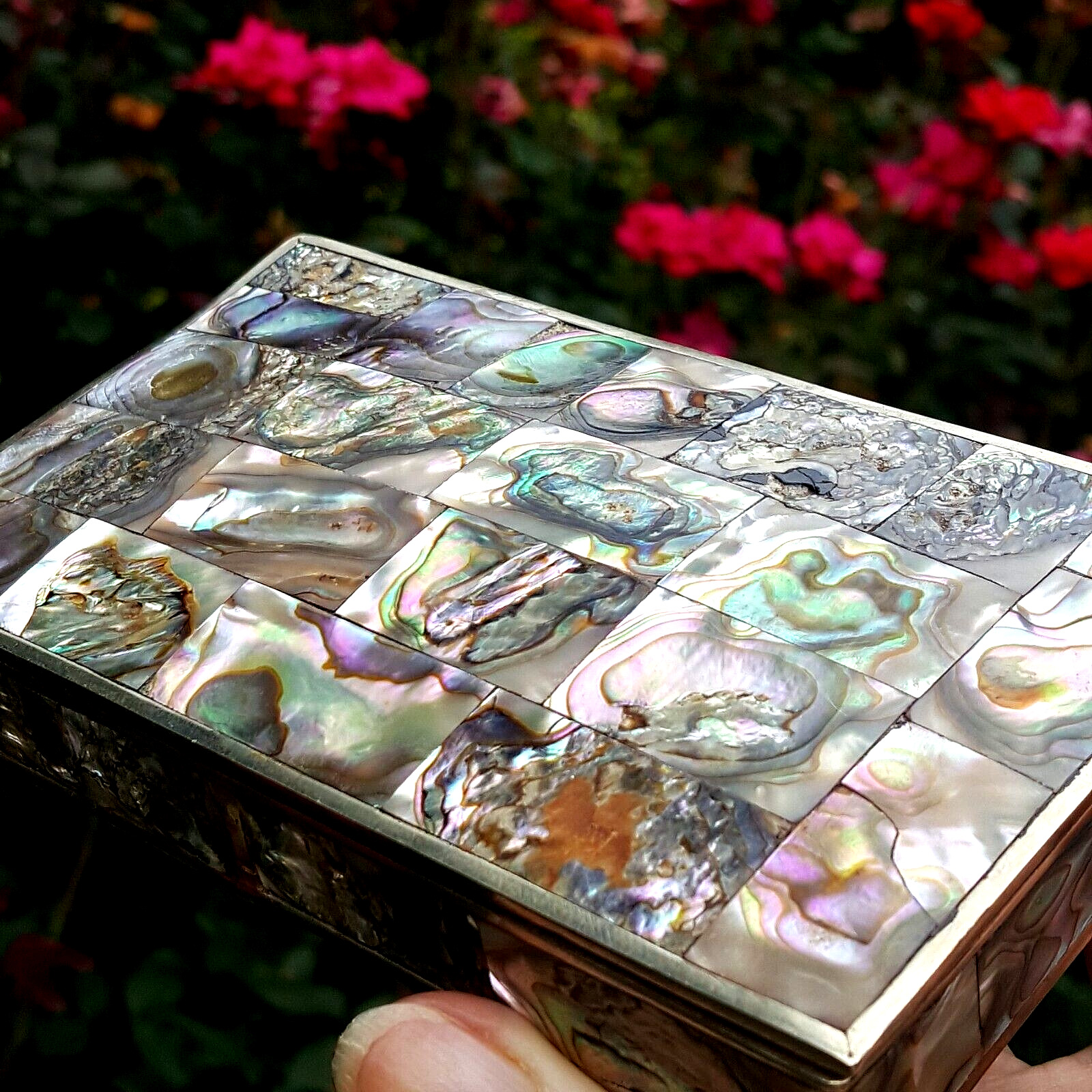 VTG Mexican Abalone Alpaca Silver Jewel Box Wood Lined Footed