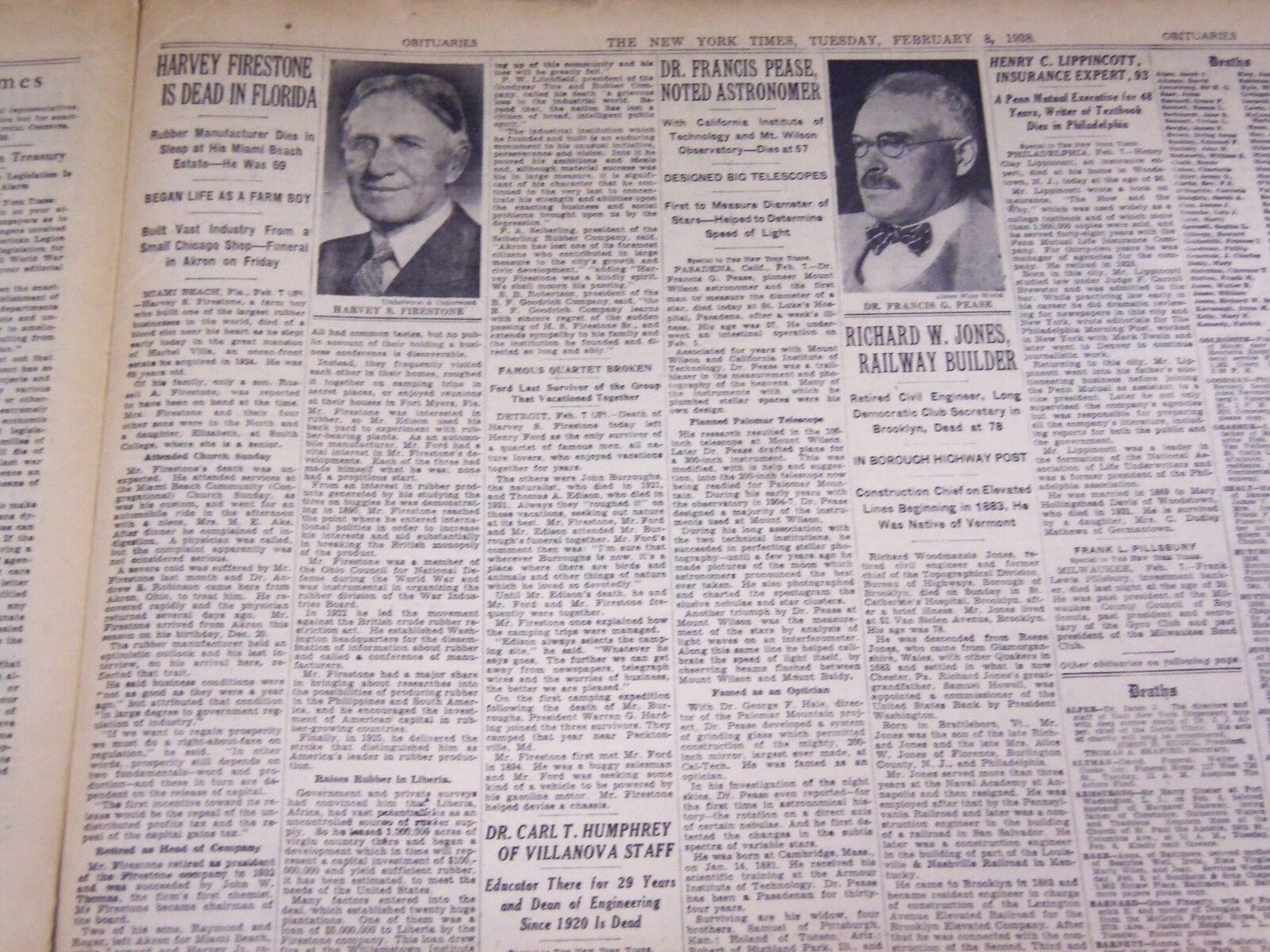 1938 FEBRUARY 8 NEW YORK TIMES - HARVEY FIRESTONE DEAD AT 69 - NT 3121