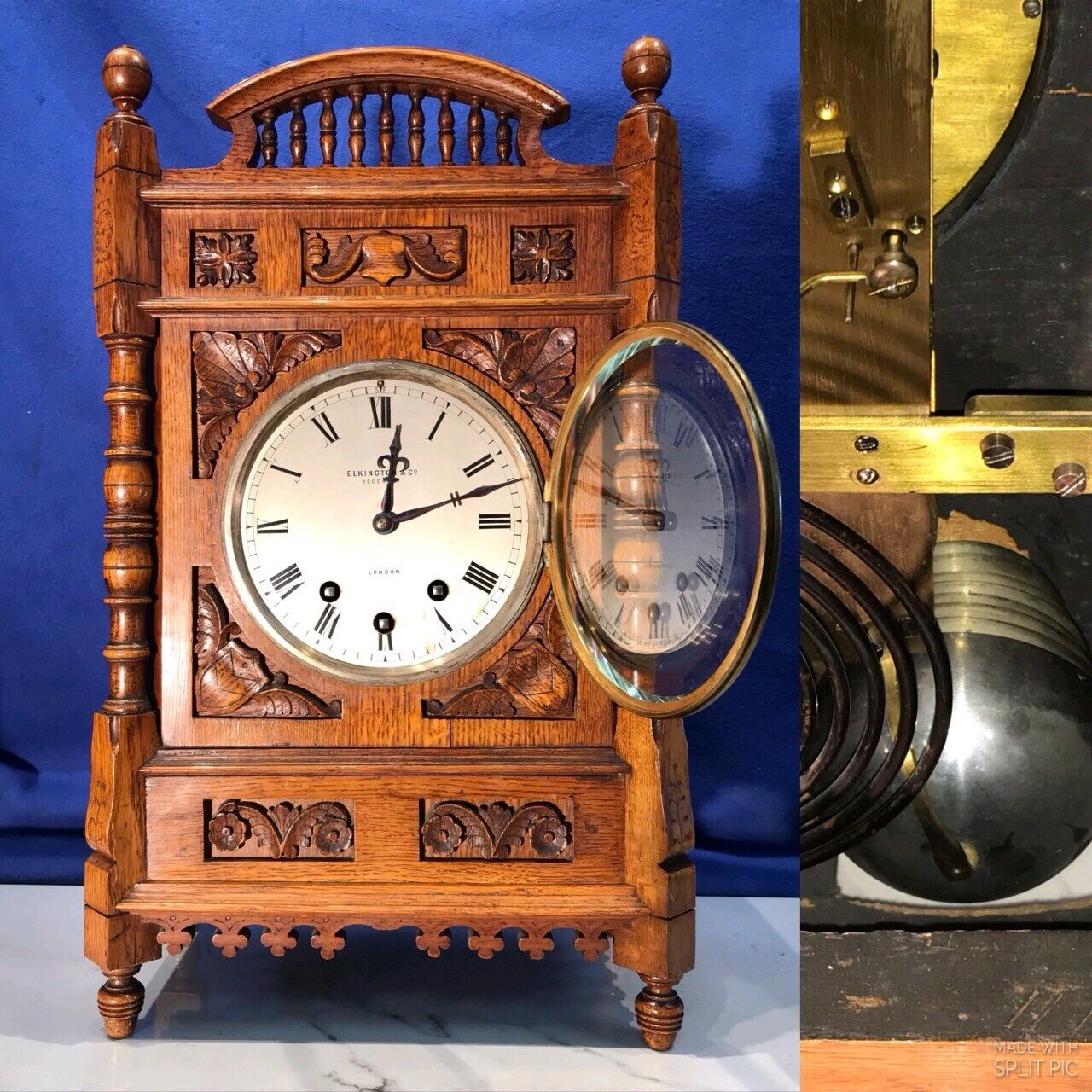 RARE Vintage antique England,8 Bell & Coiled,ELKINGTON Bracket Strikes Clock