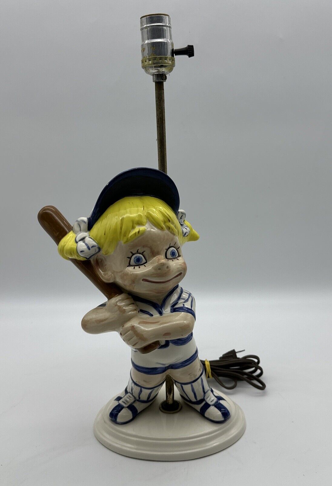 1970s Ceramic Baseball Softball Girl Player With Bat Atlantic Mold Lamp Rare