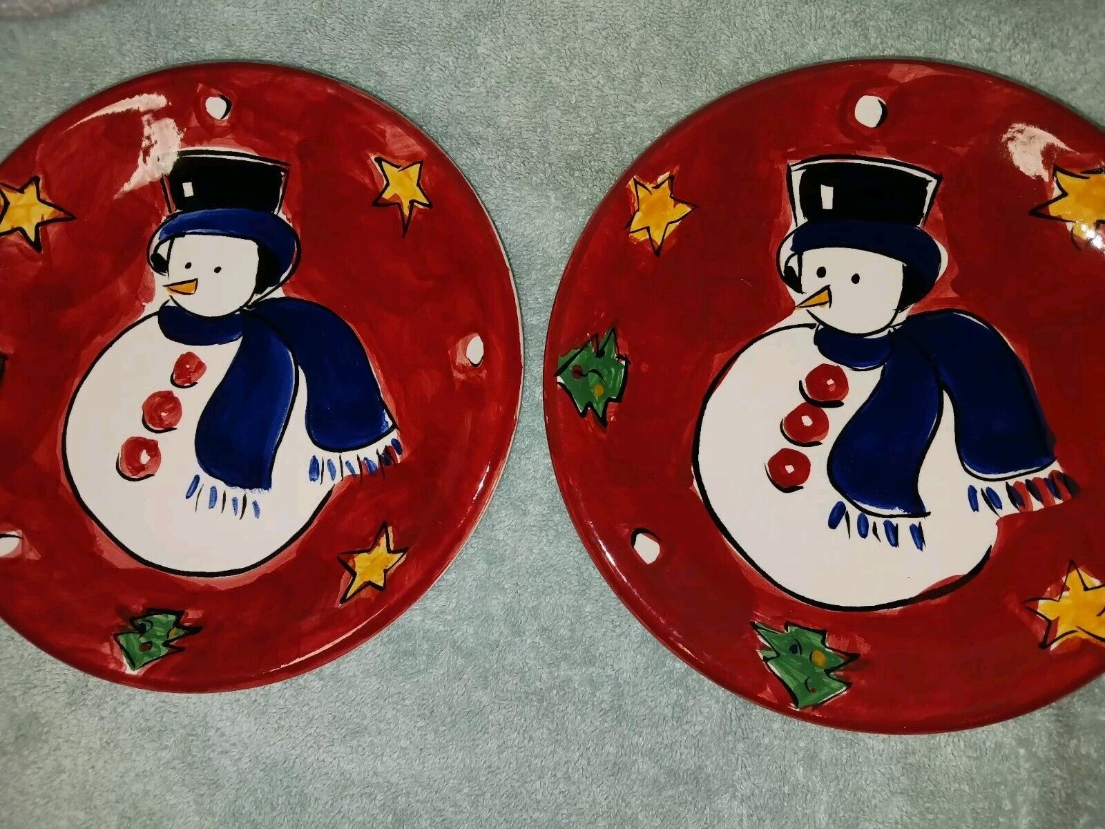 Vintage Gibson Hand Painted 8in Snowman Salad Plates. Orginal Stickers. RARE 