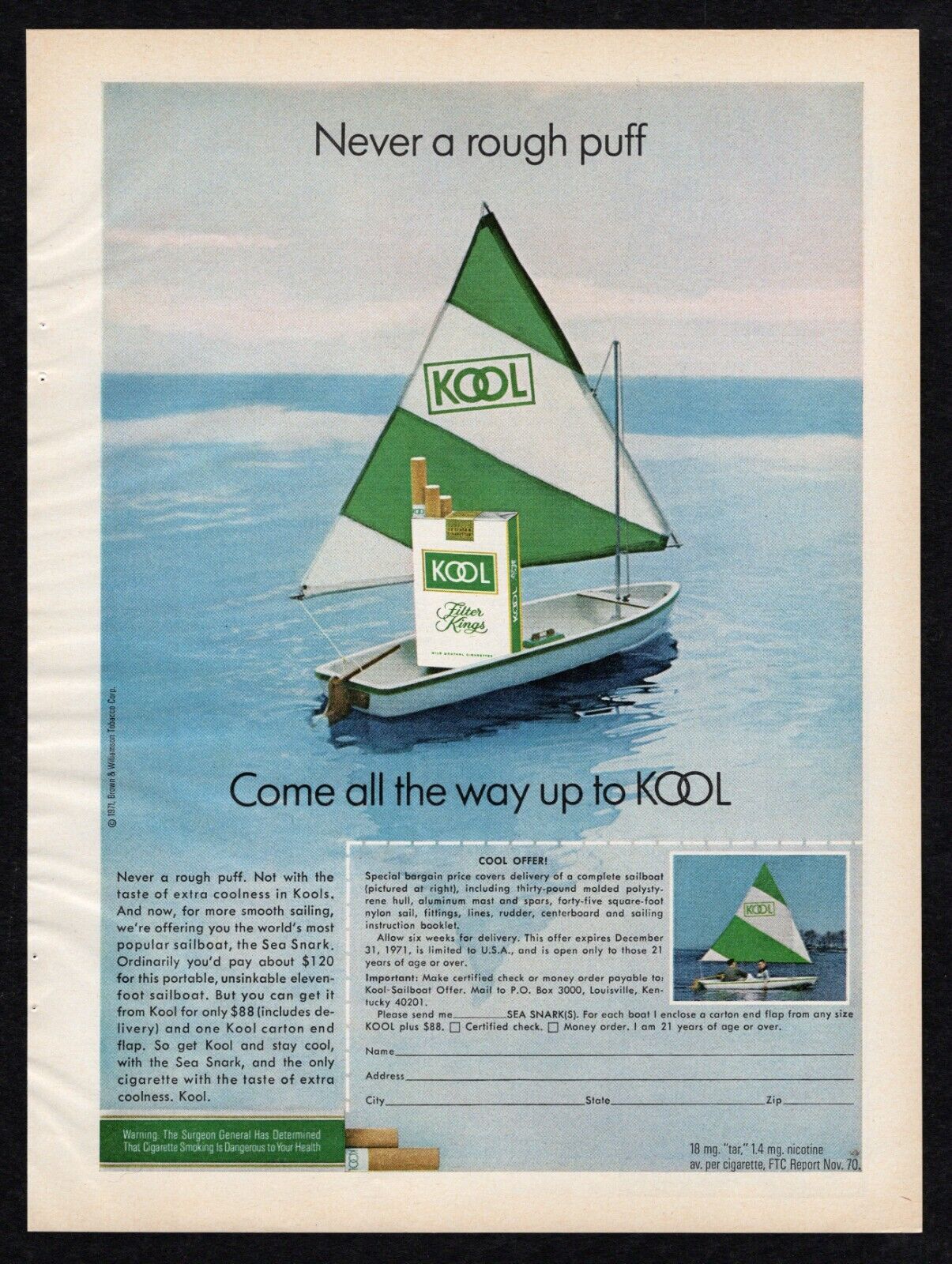 1971 Kool Cigarettes Complete Sailboat Sea Snark Unsinkable Cool Offer Print Ad