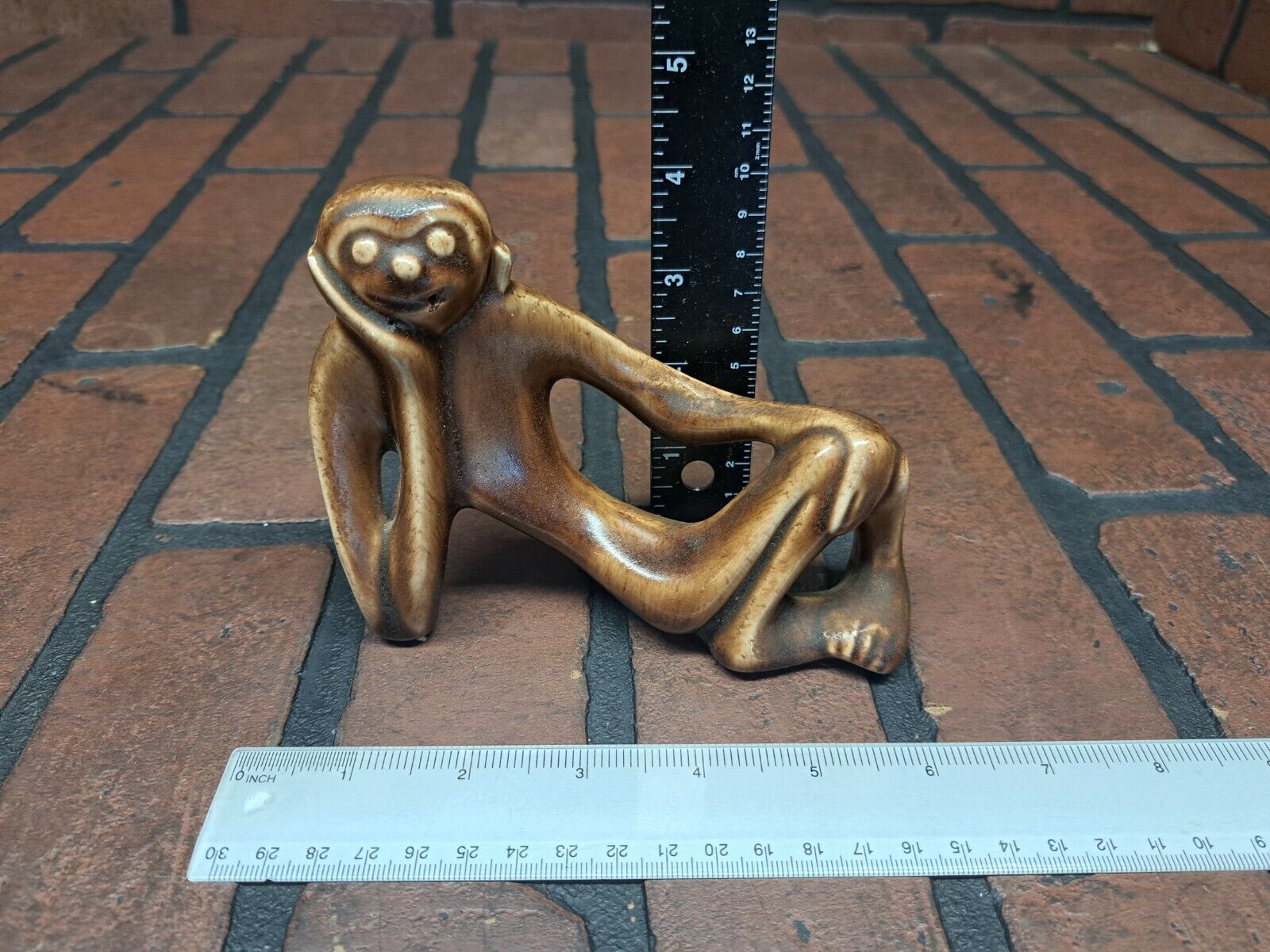 Vintage Mid Century Whimsical Abstract Ceramic Reclining Monkey Figurine 
