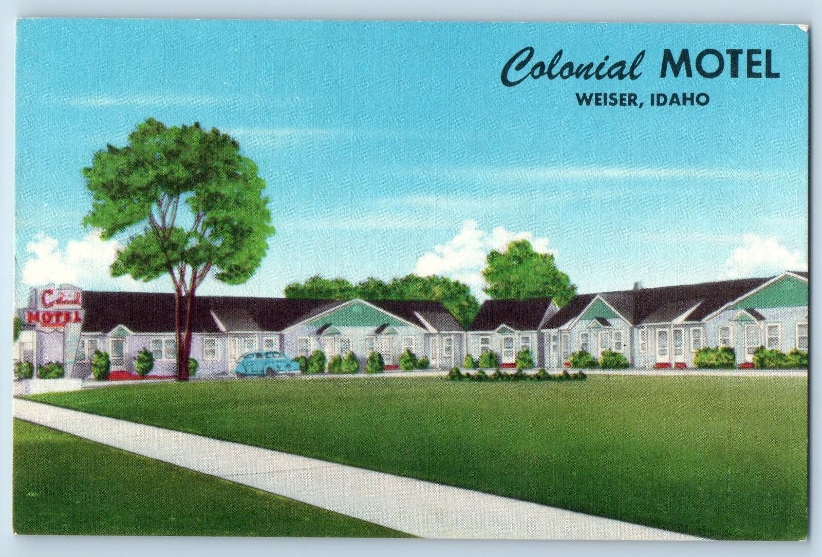 c1950\'s Colonial Motel & Restaurant Cottages Classic Car Weiser Idaho Postcard