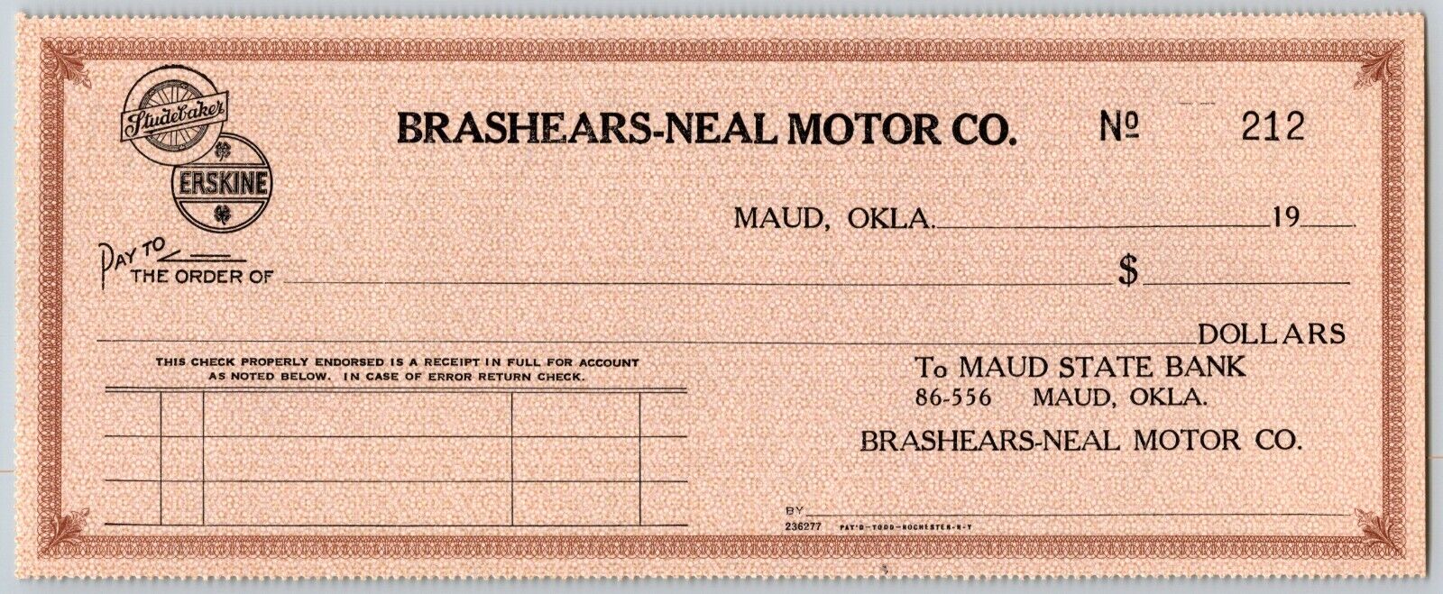 Maud, Oklahoma c1929 Unused Brashears-Neal Studebaker Erskine Check -Scarce