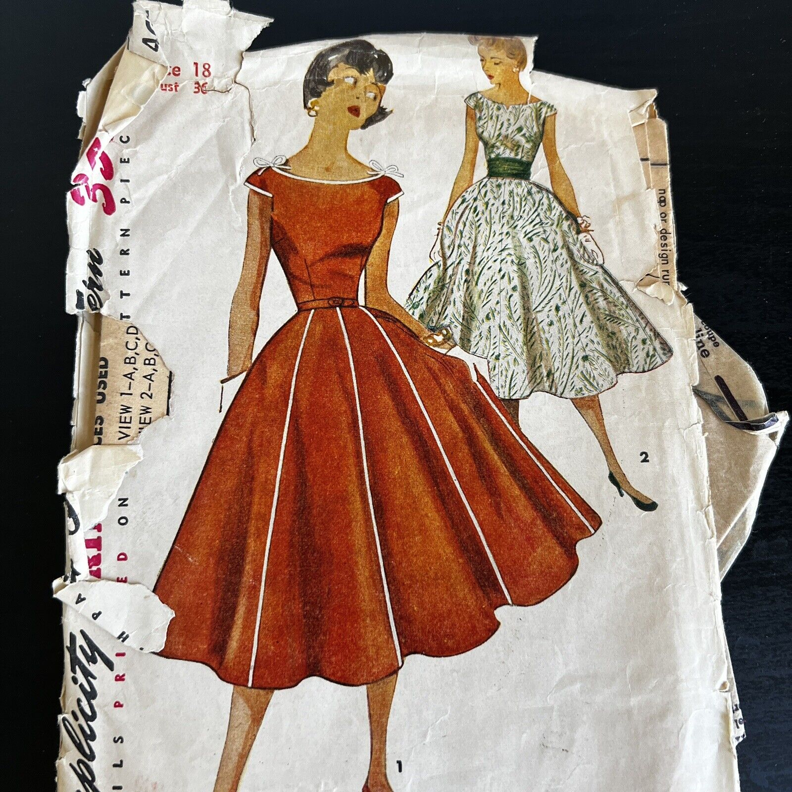 Vintage 1950s Simplicity 4674 Boat Neck Dress Cummerbund Sewing Pattern 18 CUT