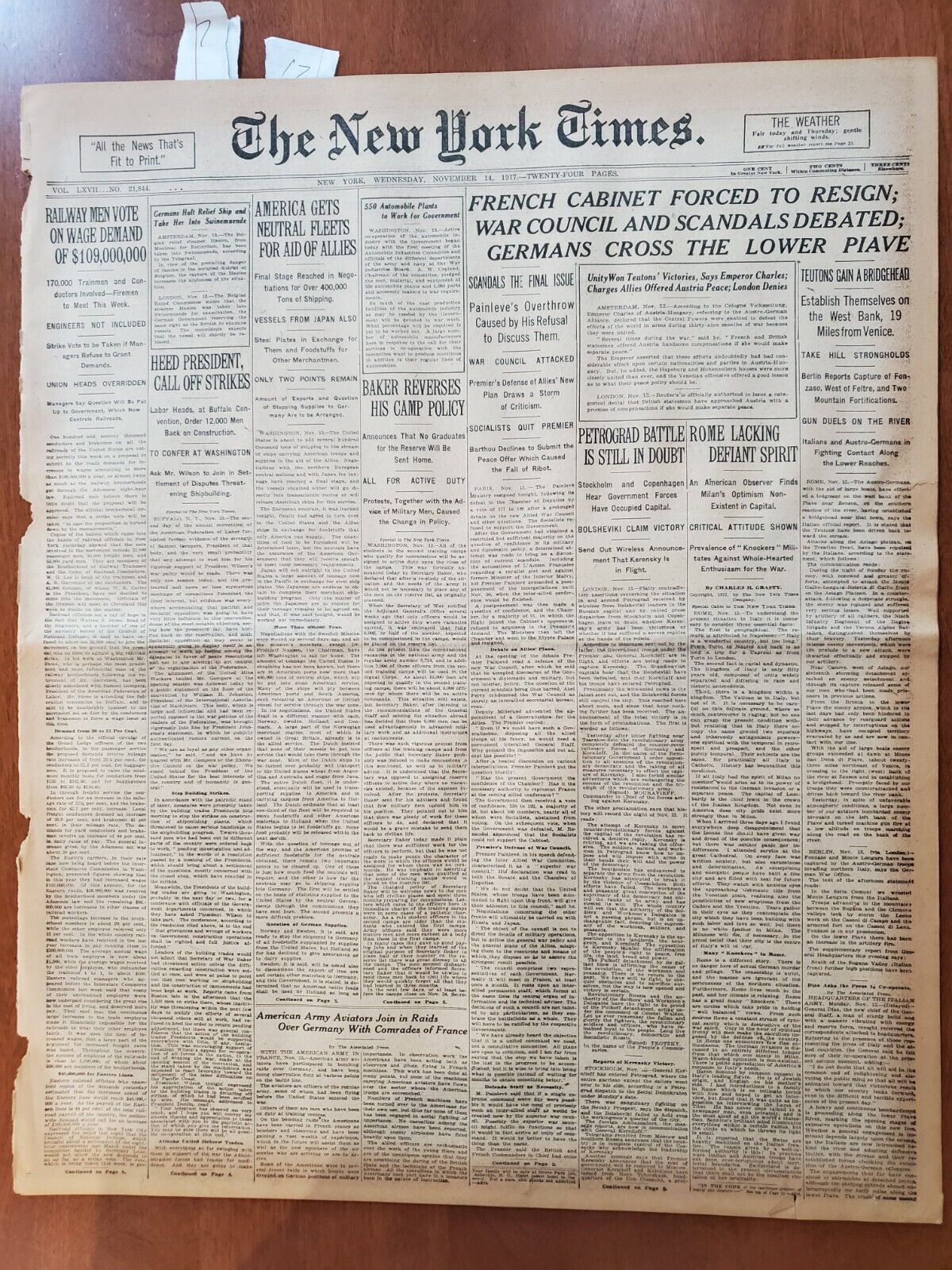 1917 NOVEMBER 14 NEW YORK TIMES - FRENCH CABINET FORCED TO RESIGN - NT 8069
