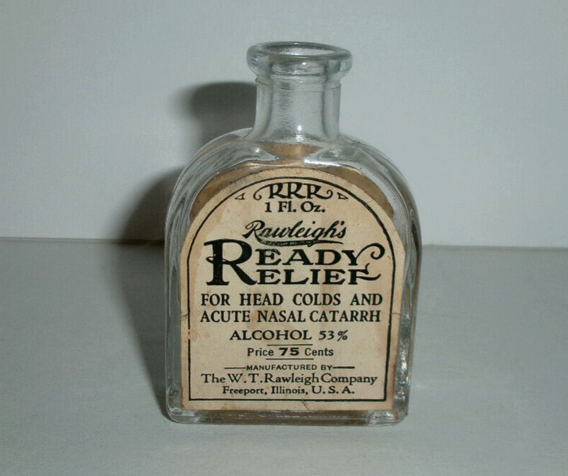 Vintage RAWLEIGH\'S READY RELIEF INHALANT COUGH MEDICINE Cork BOTTLE Paper Labels