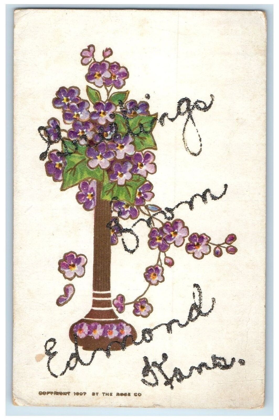1908 Greetings From Edmond Kansas KS Posted Embossed Vase Flowers Scene Postcard